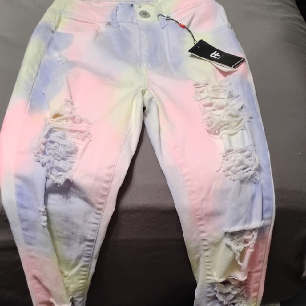 Pink and Yellow Skinny Jeans with Distressed Details